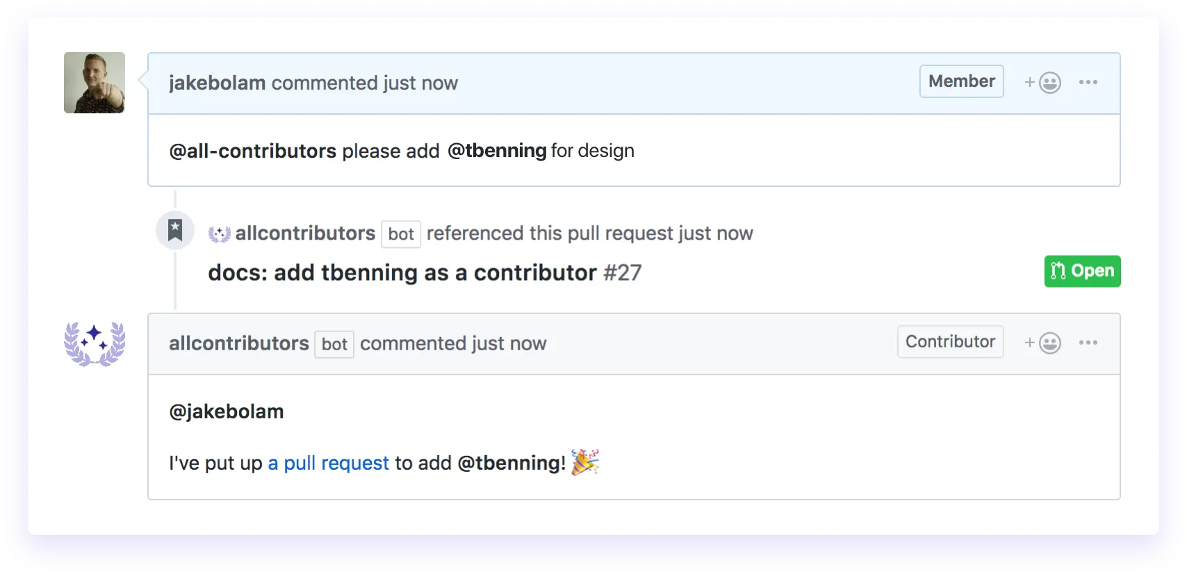 A screenshot of github showing a comment that says please add @user for docs.