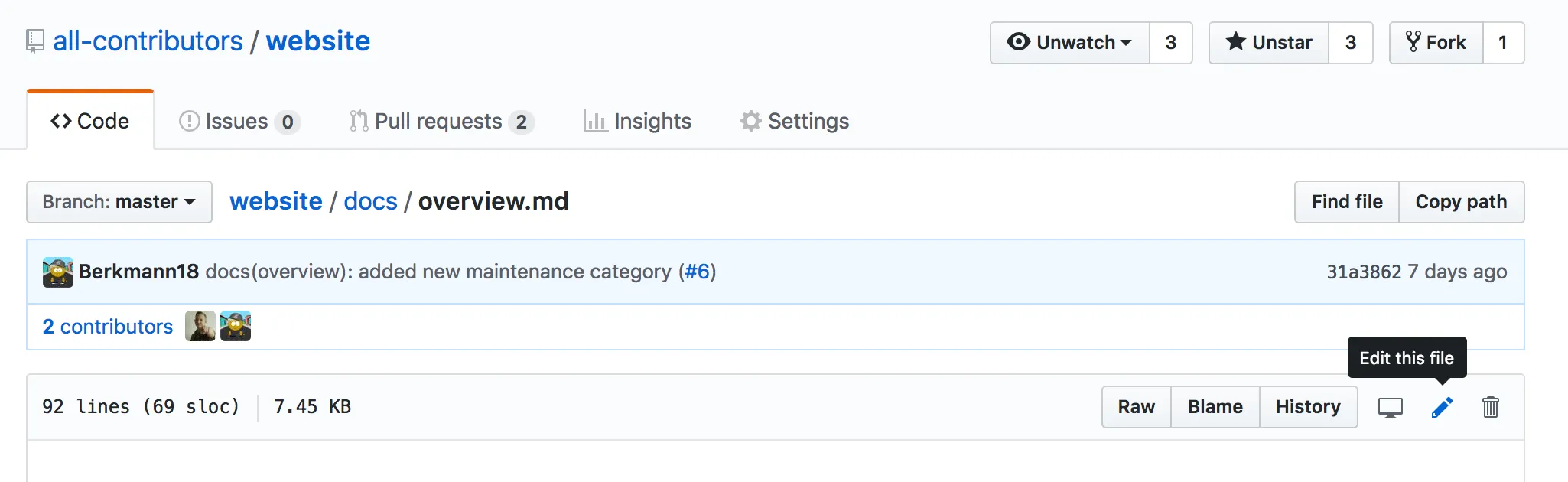 A screenshot that shows the GitHub interface with a file open focused on the pencil icon that allows you to edit the page.