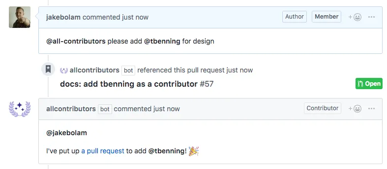 A screenshot of a GitHub comment comment that calls the all contributors bot.